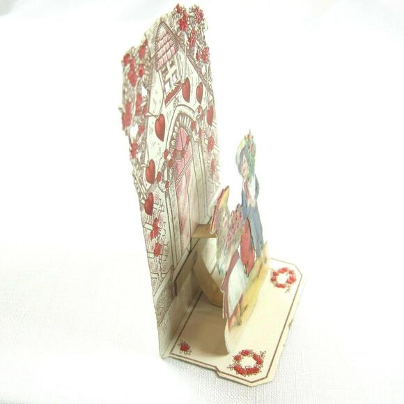 Vintage Valentine Pop Up 3D Pull Down Die Cut Victorian Girl Boy Flowers Germany - Picture 11 of 12